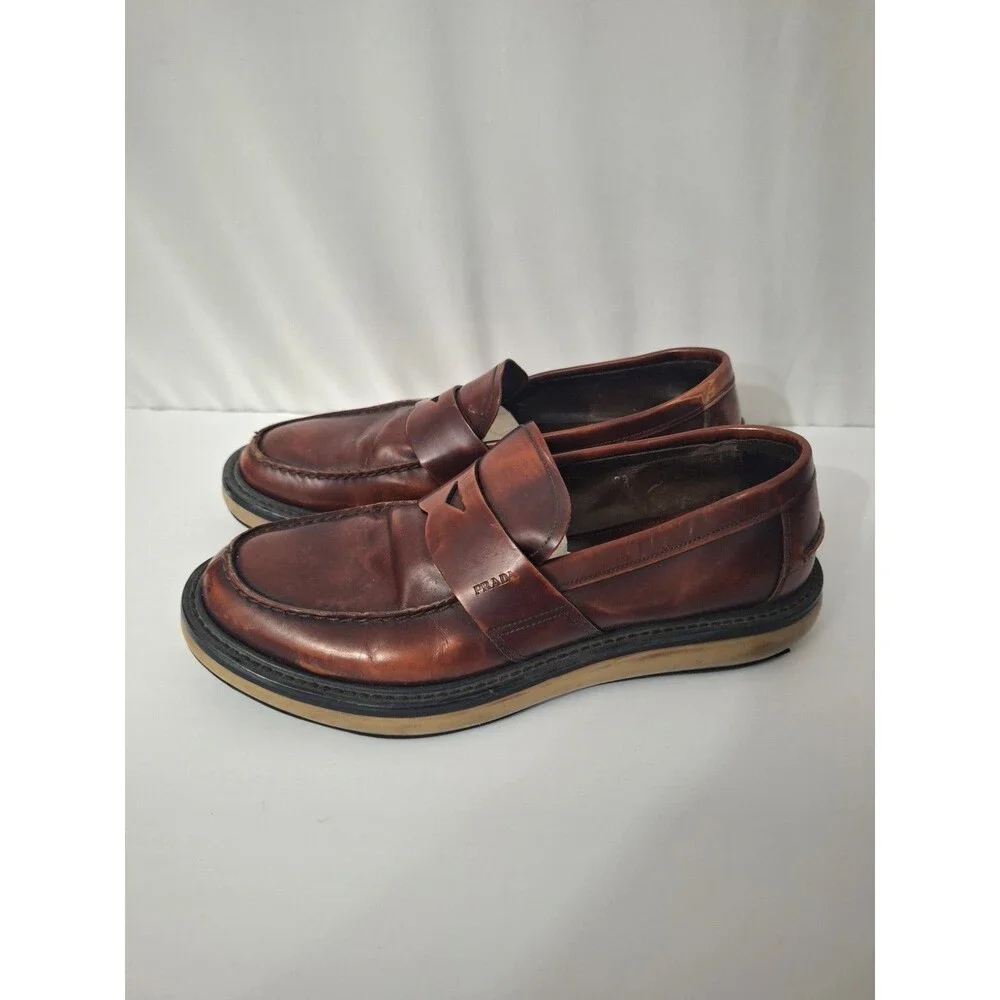 PRADA Mens Leather Loafers Sz 9.5 Brown Chunky Preppy Vintage Y2K School Teacher